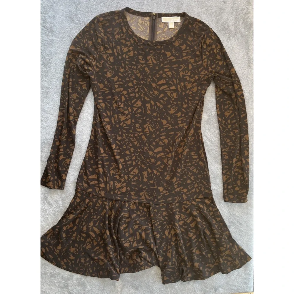 Michael Kors Abstract Print Drop Waist Pleated Dress Brown Black Medium
